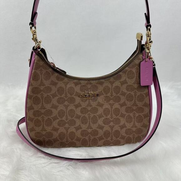 Coach Teri Hobo Bag In Signature Canvas Crossbody In Gold/Tan/Fuschia CV940 NWT - Picture 2 of 11